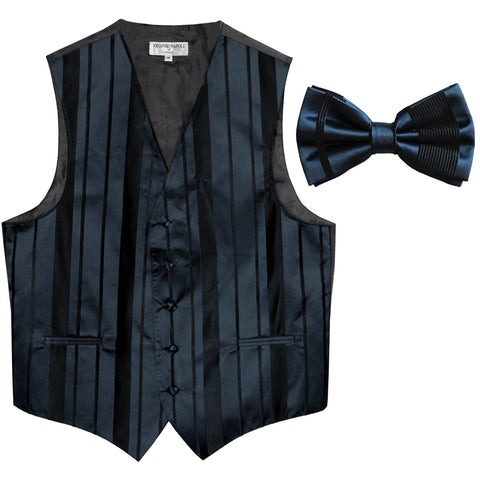 New formal men's tuxedo vest waistcoat & bowtie vertical stripes prom navy blue