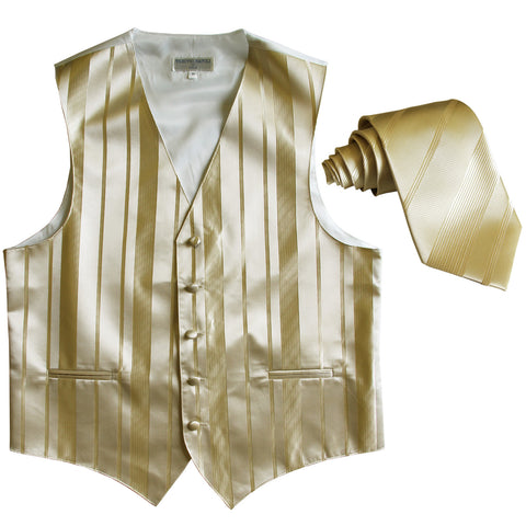 New formal men's tuxedo vest waistcoat & necktie vertical stripes wedding beige