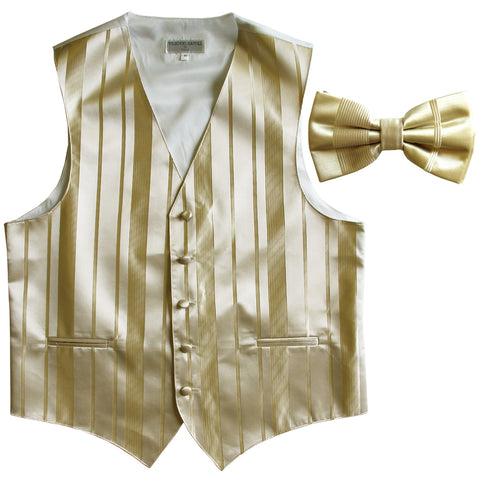 New formal men's tuxedo vest waistcoat & bowtie vertical stripes prom beige