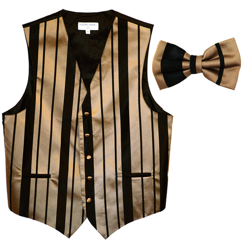 New formal men's tuxedo vest waistcoat & bowtie vertical stripes prom black mocca