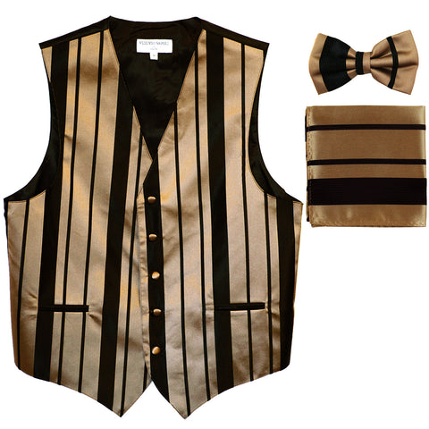 New Men's vertical stripes Tuxedo Vest Waistcoat_bowtie & hankie black mocca