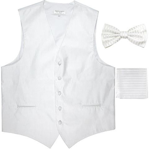 New Men's Formal Vest Tuxedo Waistcoat_bowtie & hankie set stripes white