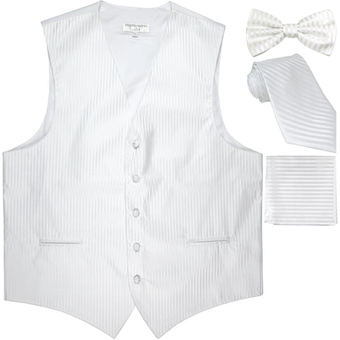 New Men's vertical stripes Tuxedo Vest Waistcoat & necktie & Bow tie & Hankie white