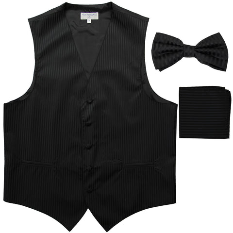 New Men's Formal Vest Tuxedo Waistcoat_bowtie & hankie set stripes black
