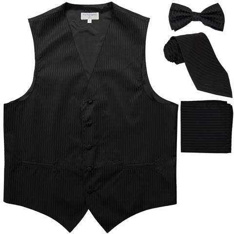 New Men's vertical stripes Tuxedo Vest Waistcoat & necktie & Bow tie & Hankie black