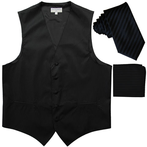 New Men's Formal Vest Tuxedo Waistcoat_2.5" vertical stripes slim necktie set wedding black