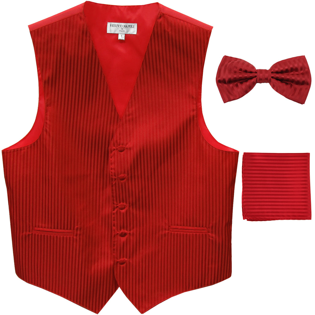 New Men's Formal Vest Tuxedo Waistcoat_bowtie & hankie set stripes red
