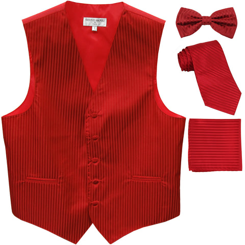 New Men's vertical stripes Tuxedo Vest Waistcoat & necktie & Bow tie & Hankie red