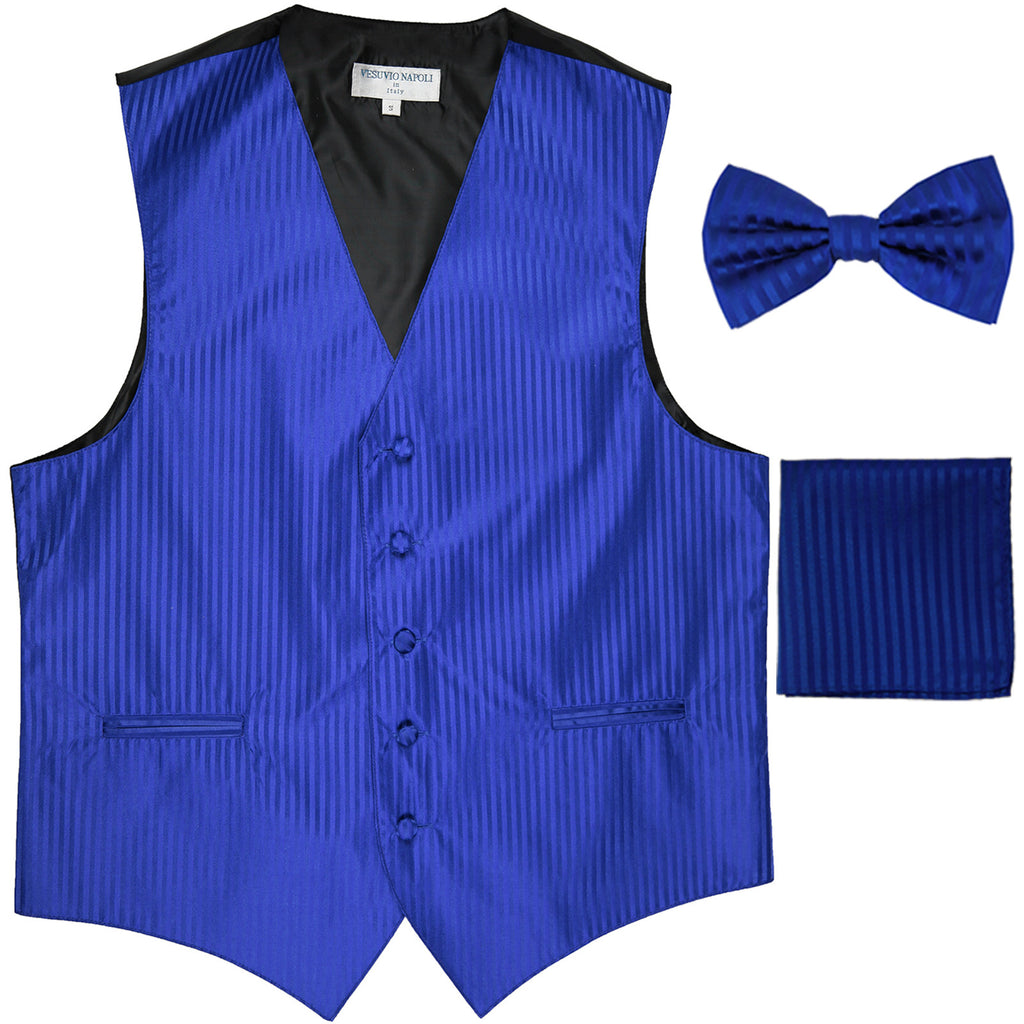 New Men's Formal Vest Tuxedo Waistcoat_bowtie & hankie set stripes royal blue