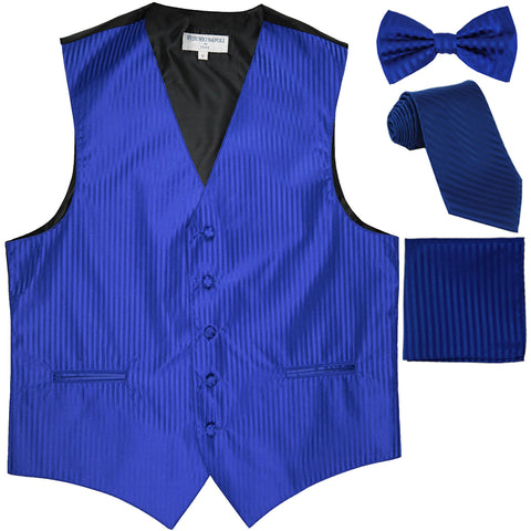 New Men's vertical stripes Tuxedo Vest Waistcoat & necktie & Bow tie & Hankie royal blue