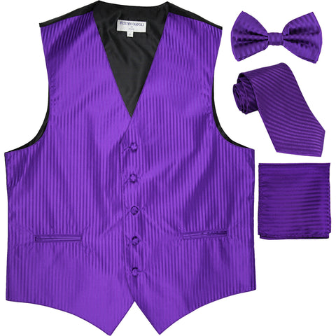 New Men's vertical stripes Tuxedo Vest Waistcoat & necktie & Bow tie & Hankie purple