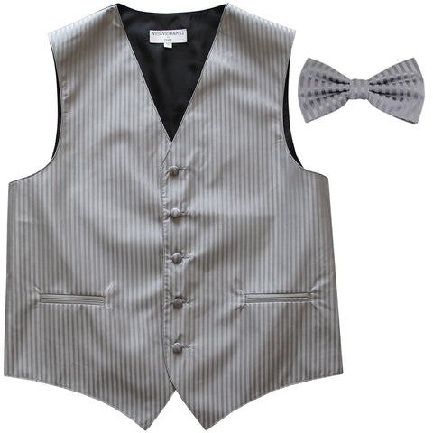 New Men's Vertical stripes tuxedo Vest Waistcoat _bowtie formal gray