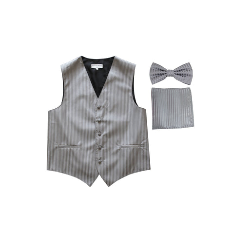 New Men's Formal Vest Tuxedo Waistcoat_bowtie & hankie set stripes gray