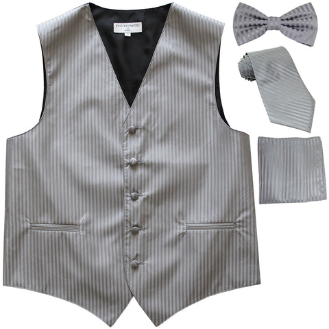 New Men's vertical stripes Tuxedo Vest Waistcoat & necktie & Bow tie & Hankie gray