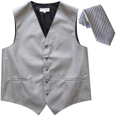 New Men's Vertical stripes tuxedo Vest Waistcoat & 2.5" Skinny Slim Tie formal gray