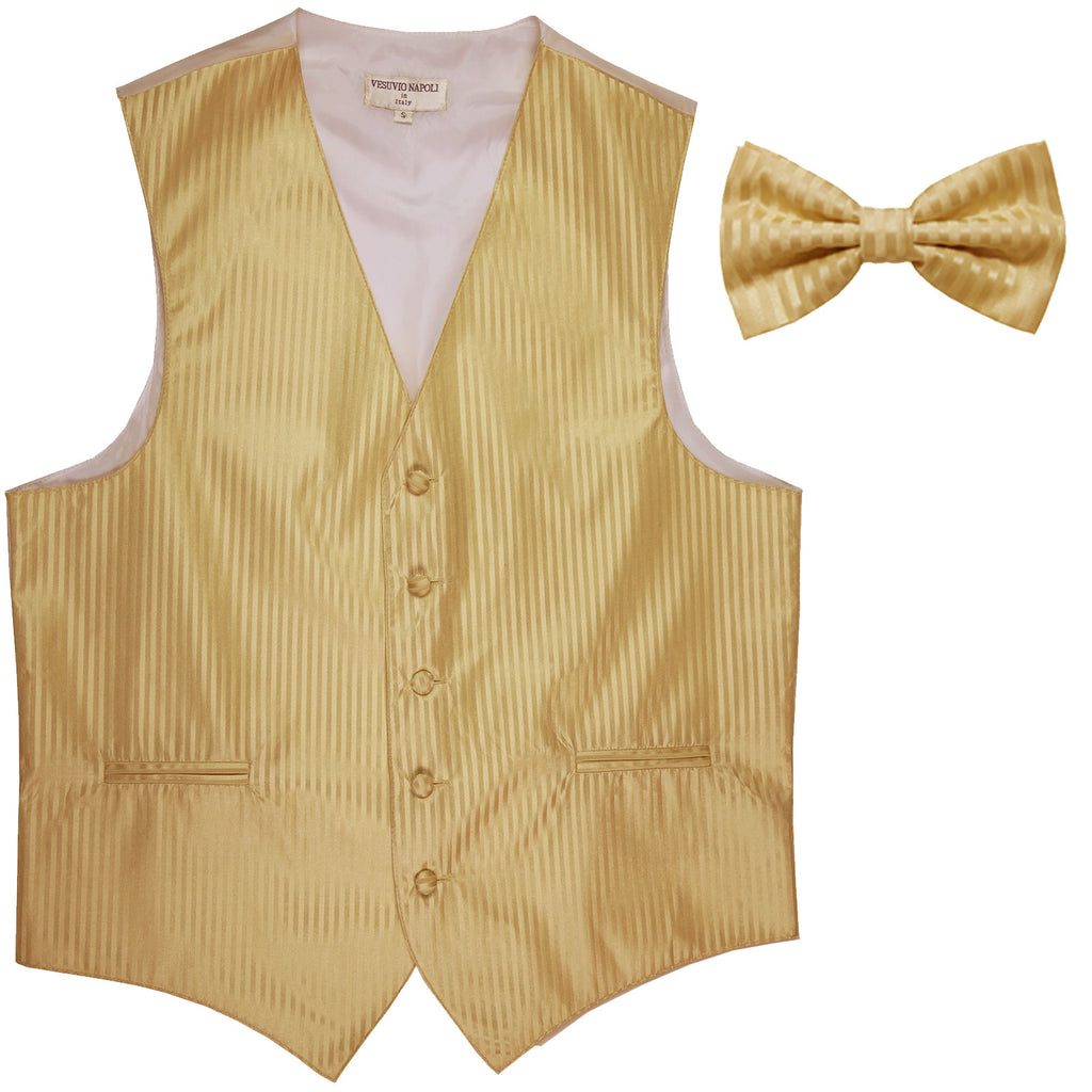 New Men's Vertical stripes tuxedo Vest Waistcoat _bowtie formal gold