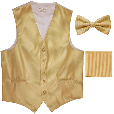 New Men's Formal Vest Tuxedo Waistcoat_bowtie & hankie set stripes gold