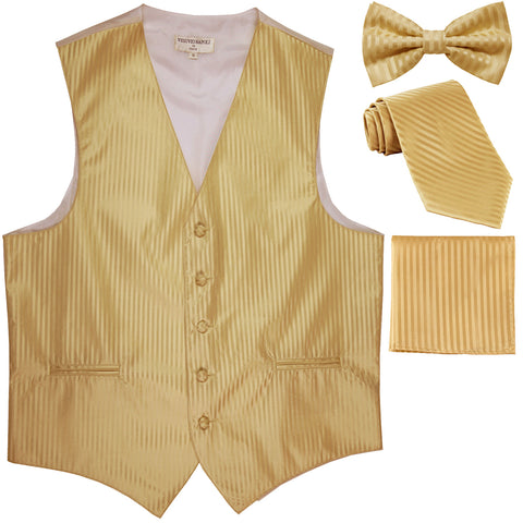 New Men's vertical stripes Tuxedo Vest Waistcoat & necktie & Bow tie & Hankie gold