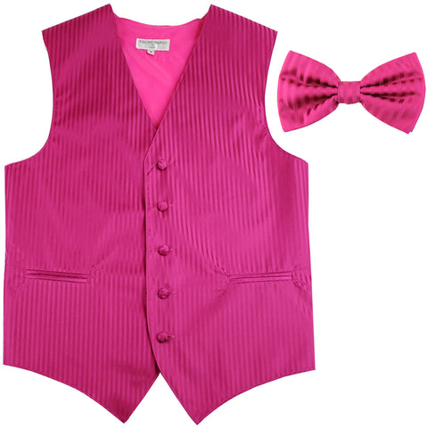New Men's Vertical stripes tuxedo Vest Waistcoat _bowtie formal hot pink