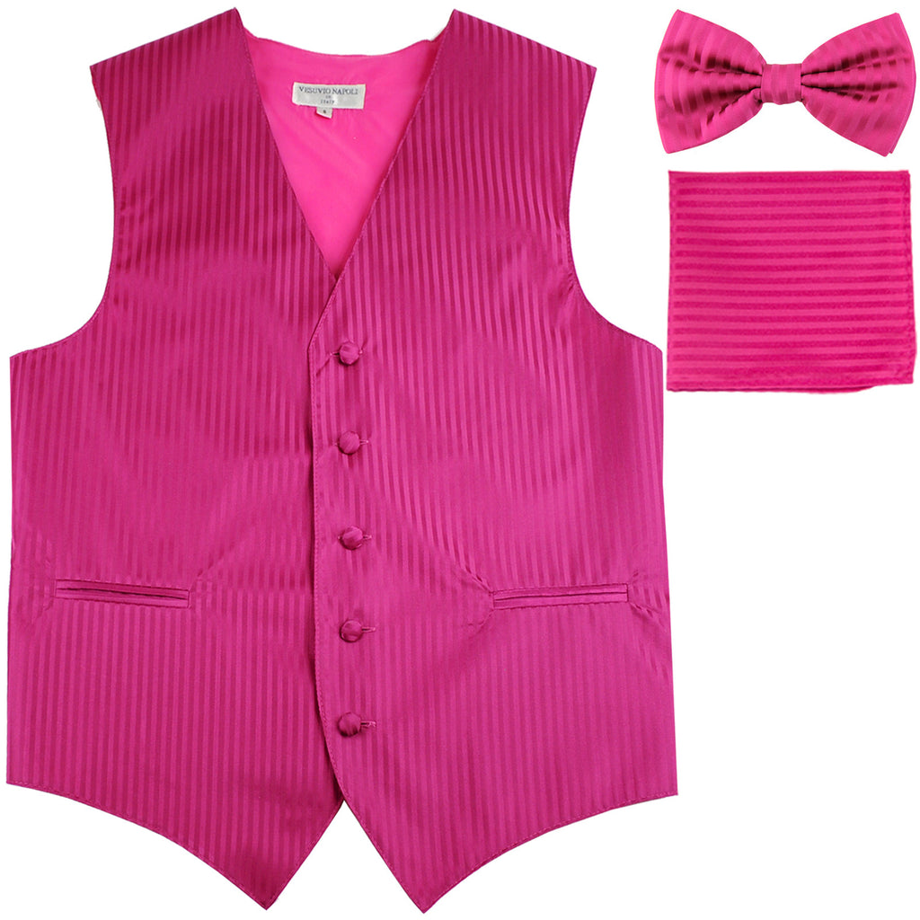 New Men's Formal Vest Tuxedo Waistcoat_bowtie & hankie set stripes hot pink