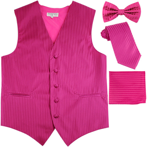 New Men's vertical stripes Tuxedo Vest Waistcoat & necktie & Bow tie & Hankie hot pink