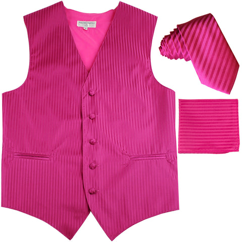 New Men's Formal Vest Tuxedo Waistcoat_2.5" vertical stripes slim necktie set wedding hot pink
