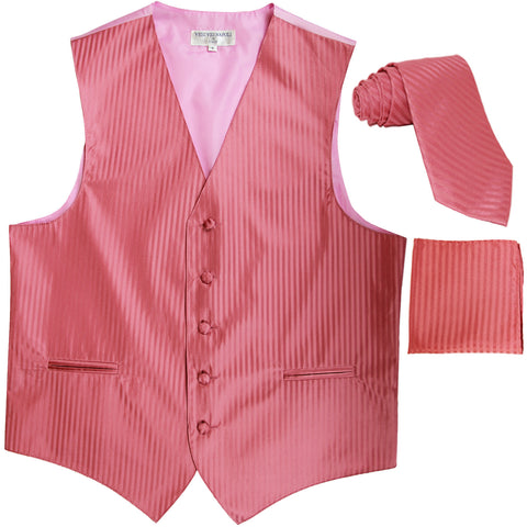 New Men's Formal Vest Tuxedo Waistcoat_necktie set striped wedding coral