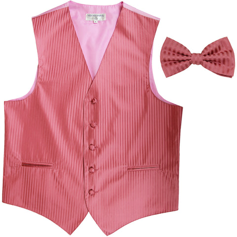 New Men's Vertical stripes tuxedo Vest Waistcoat _bowtie formal coral