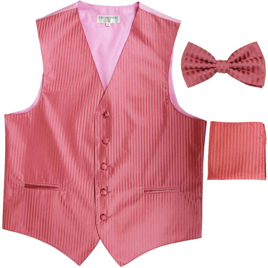 New Men's Formal Vest Tuxedo Waistcoat_bowtie & hankie set stripes coral
