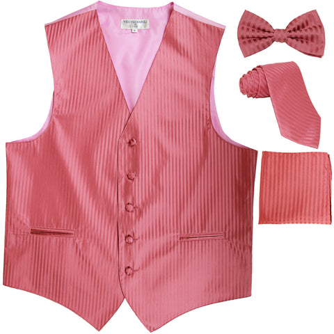 New Men's vertical stripes Tuxedo Vest Waistcoat & necktie & Bow tie & Hankie coral