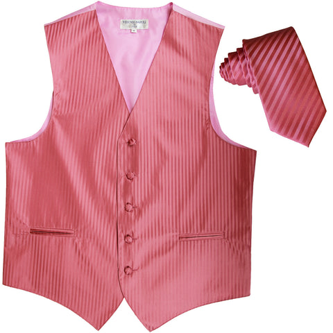 New Men's Vertical stripes tuxedo Vest Waistcoat & 2.5" Skinny Slim Tie formal coral
