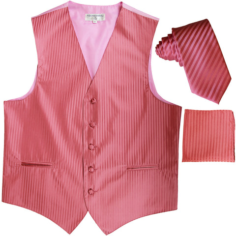 New Men's Formal Vest Tuxedo Waistcoat_2.5" vertical stripes slim necktie set wedding coral