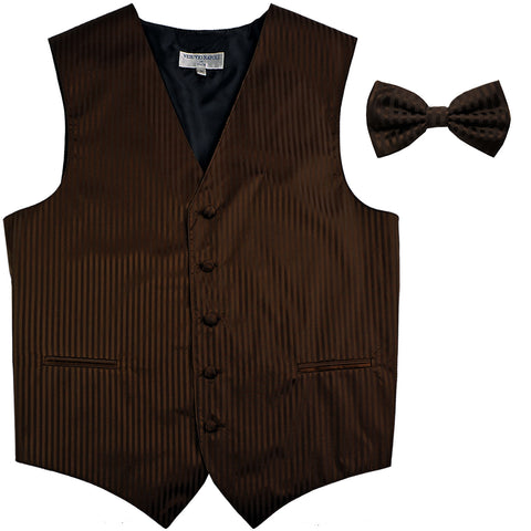 New Men's Vertical stripes tuxedo Vest Waistcoat _bowtie formal brown