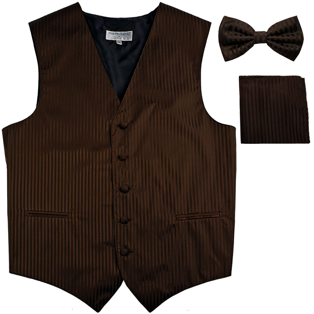 New Men's Formal Vest Tuxedo Waistcoat_bowtie & hankie set stripes brown