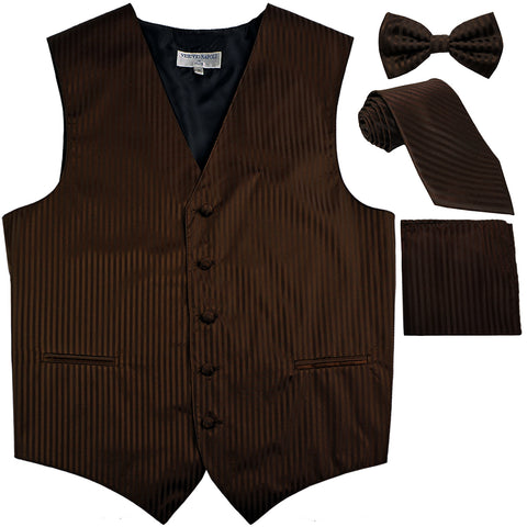 New Men's vertical stripes Tuxedo Vest Waistcoat & necktie & Bow tie & Hankie brown