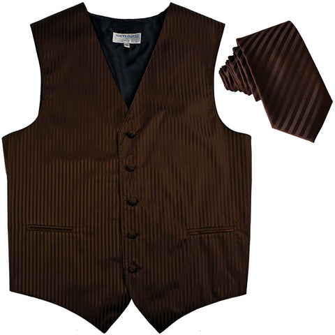 New Men's Vertical stripes tuxedo Vest Waistcoat & 2.5" Skinny Slim Tie formal brown
