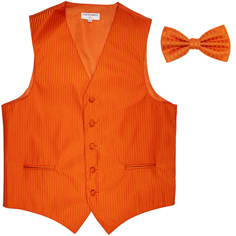 New Men's Vertical stripes tuxedo Vest Waistcoat _bowtie formal orange