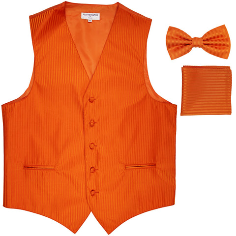 New Men's Formal Vest Tuxedo Waistcoat_bowtie & hankie set stripes orange