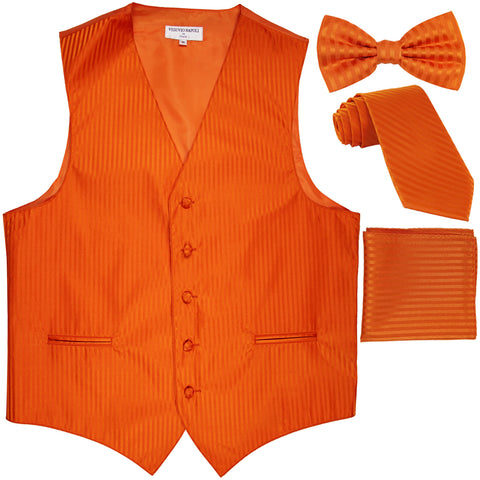 New Men's vertical stripes Tuxedo Vest Waistcoat & necktie & Bow tie & Hankie orange