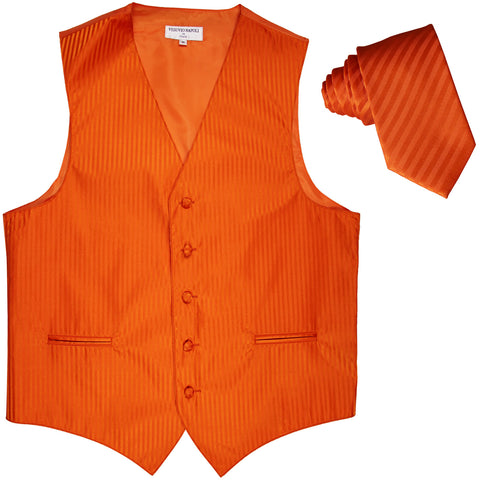 New Men's Vertical stripes tuxedo Vest Waistcoat & 2.5" Skinny Slim Tie formal orange