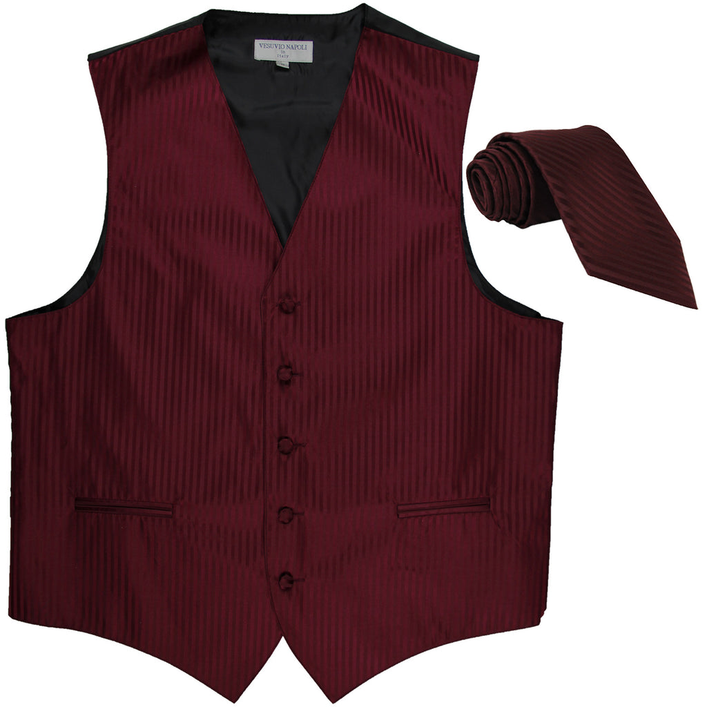 New Men's formal Vertical stripes tuxedo Vest Waistcoat_necktie prom burgundy