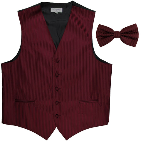New Men's Vertical stripes tuxedo Vest Waistcoat _bowtie formal burgundy
