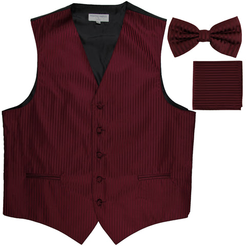 New Men's Formal Vest Tuxedo Waistcoat_bowtie & hankie set stripes burgundy