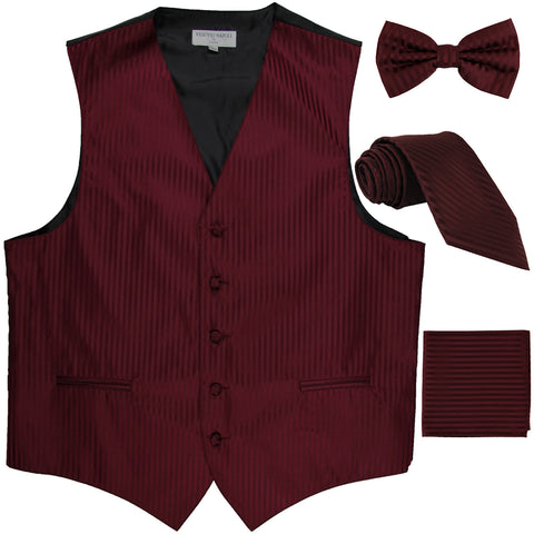 New Men's vertical stripes Tuxedo Vest Waistcoat & necktie & Bow tie & Hankie burgundy