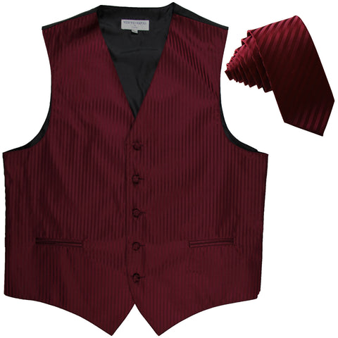 New Men's Vertical stripes tuxedo Vest Waistcoat & 2.5" Skinny Slim Tie formal burgundy
