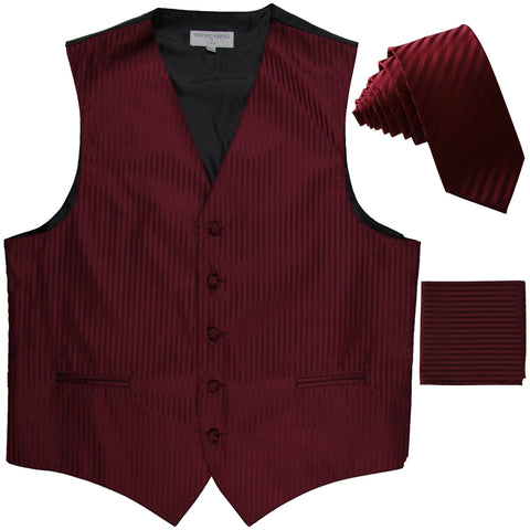 New Men's Formal Vest Tuxedo Waistcoat_2.5" vertical stripes slim necktie set wedding burgundy