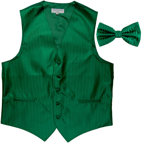 New Men's Vertical stripes tuxedo Vest Waistcoat _bowtie formal emerald green