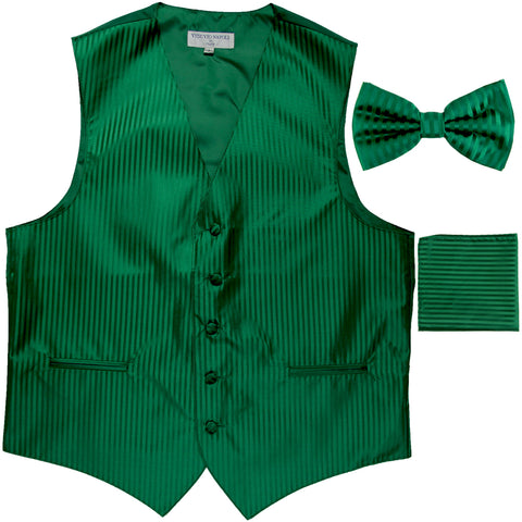 New Men's Formal Vest Tuxedo Waistcoat_bowtie & hankie set stripes emerald green