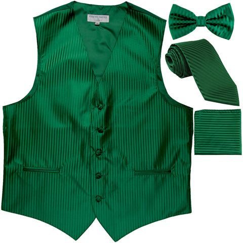 New Men's vertical stripes Tuxedo Vest Waistcoat & necktie & Bow tie & Hankie emerald green