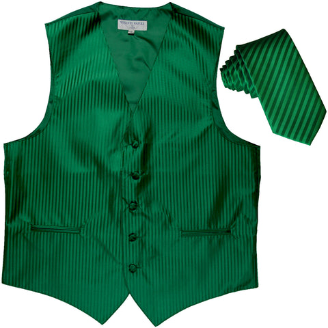 New Men's Vertical stripes tuxedo Vest Waistcoat & 2.5" Skinny Slim Tie formal emerald green